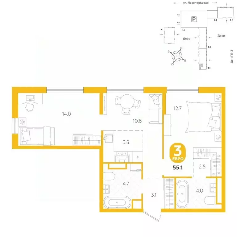3-к кв. Тюменская область, Тюмень ул. Лесопарковая, 22 (55.1 м) - Фото 1