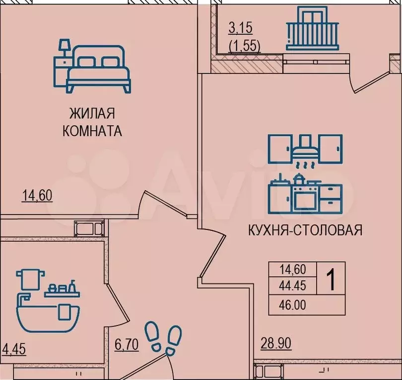 1-к. квартира, 46м, 6/12эт. - Фото 1