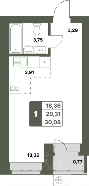 1-к кв. Башкортостан, Уфимский район, с. Миловка  (30.08 м) - Фото 1