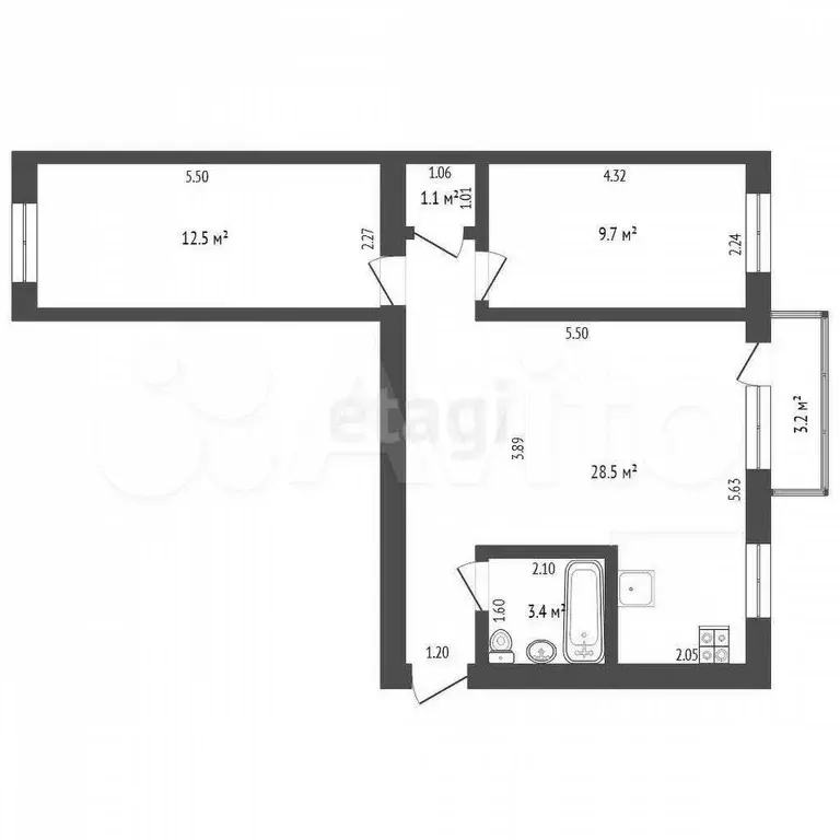 2-к. квартира, 54,5 м, 3/5 эт. - Фото 0