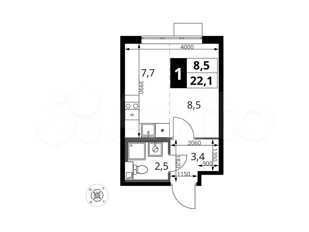 Квартира-студия, 22,1м, 16/16эт. - Фото 0