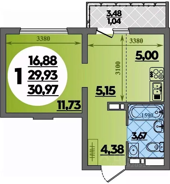 Студия Адыгея, Майкоп  (30.97 м) - Фото 1