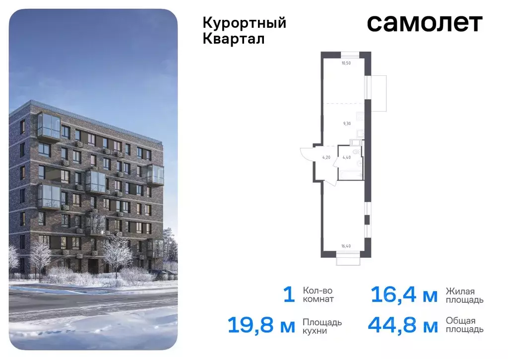 1-к кв. Санкт-Петербург пос. Песочный, Центральная ул., 83 (44.8 м) - Фото 0