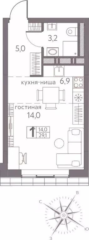 Студия Пермский край, Пермь ул. Серебристая, 3А (29.1 м) - Фото 0