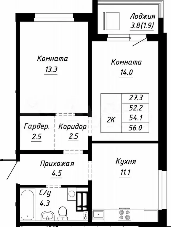 2-к. квартира, 54,1 м, 8/10 эт. - Фото 1