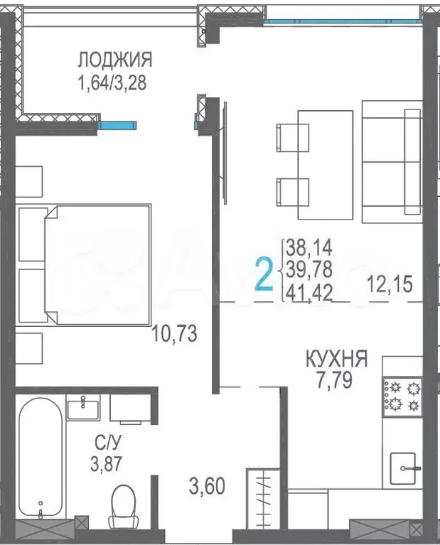 2-к. квартира, 39,8 м, 6/8 эт. - Фото 1