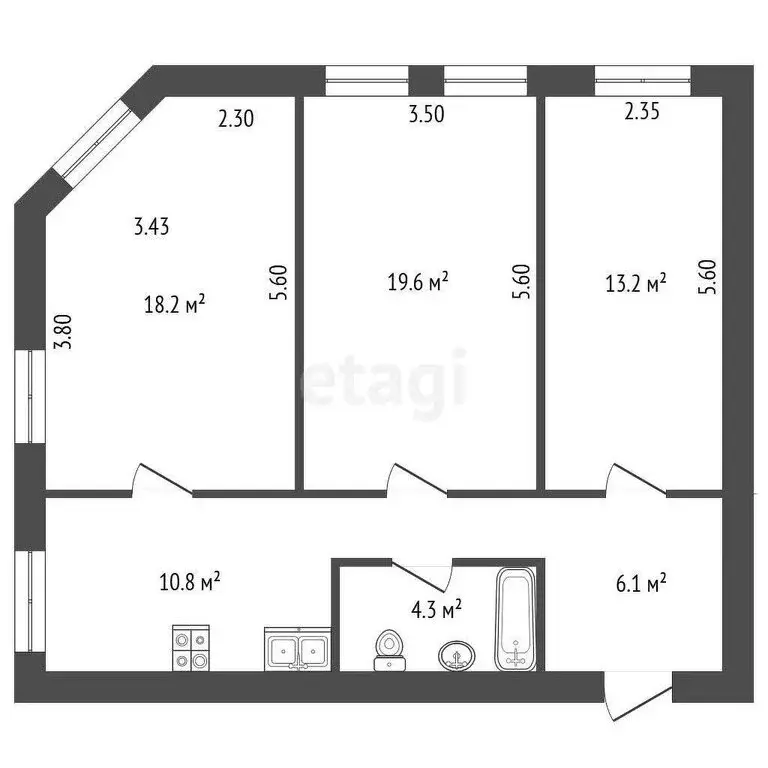 3-комнатная квартира: Санкт-Петербург, улица Володи Ермака, 2 (74.7 м) - Фото 0