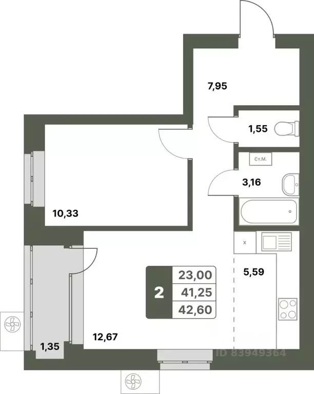 2-к кв. Башкортостан, Уфимский район, с. Миловка  (42.6 м) - Фото 1