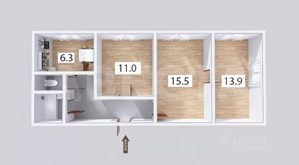 3-к кв. Омская область, Омск ул. Берко Цемента, 1 (60.4 м) - Фото 2