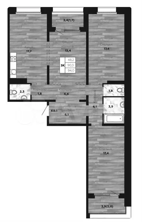 3-к. квартира, 94 м, 4/17 эт. - Фото 0