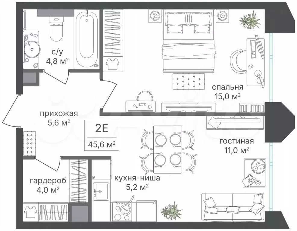 1-к. квартира, 45,6 м, 2/19 эт. - Фото 0