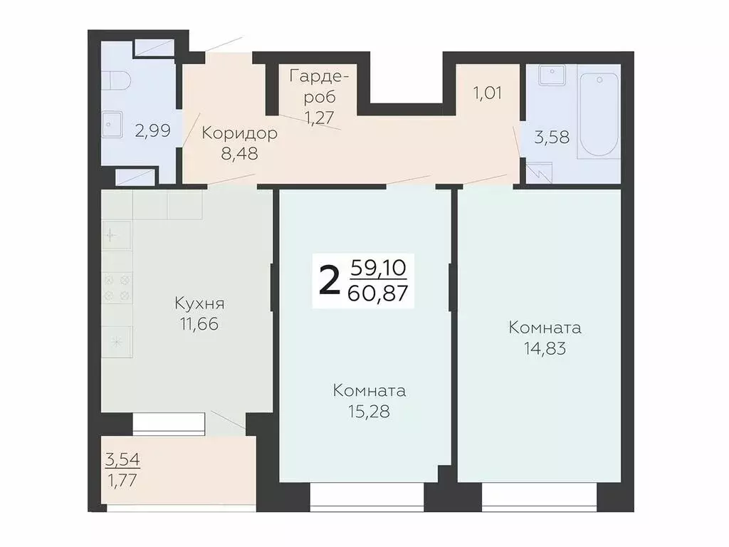 2-комнатная квартира: Воронеж, Электросигнальная улица, 9А (60.87 м) - Фото 1