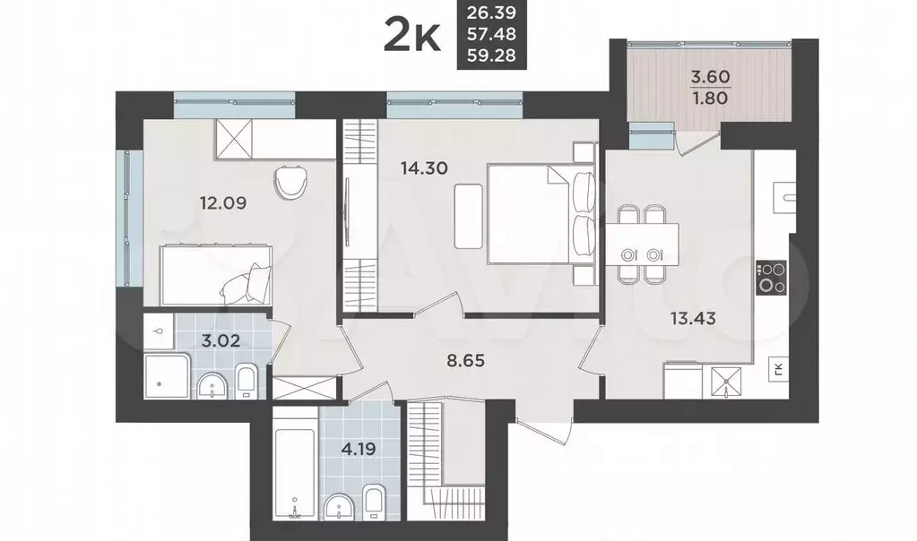 2-к. квартира, 57,5 м, 2/9 эт. - Фото 1