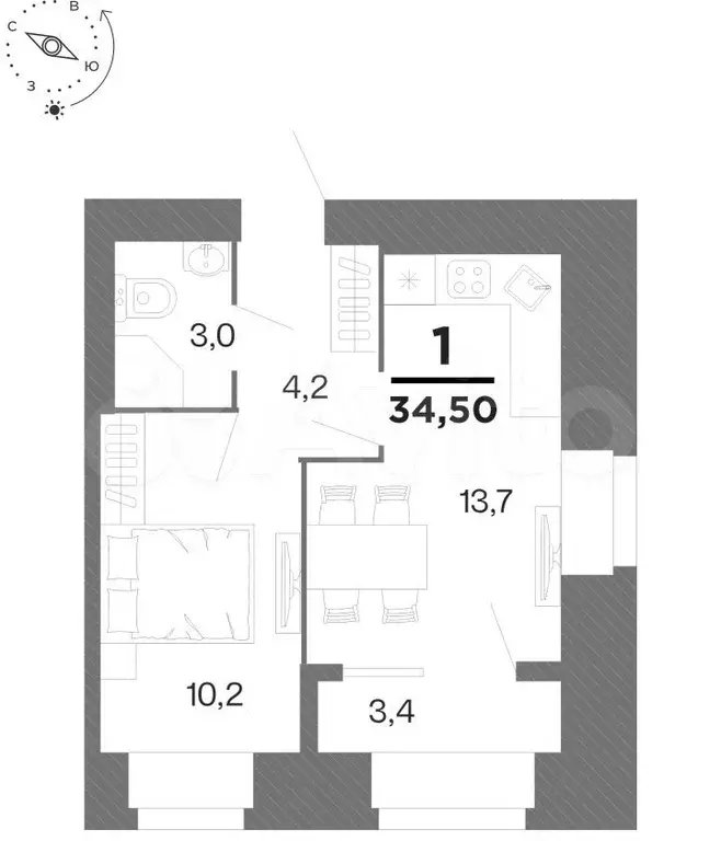 1-к. квартира, 34,5 м, 16/16 эт. - Фото 0