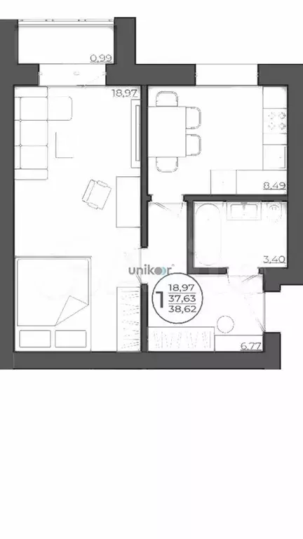 1-к. квартира, 38,6 м, 4/5 эт. - Фото 0