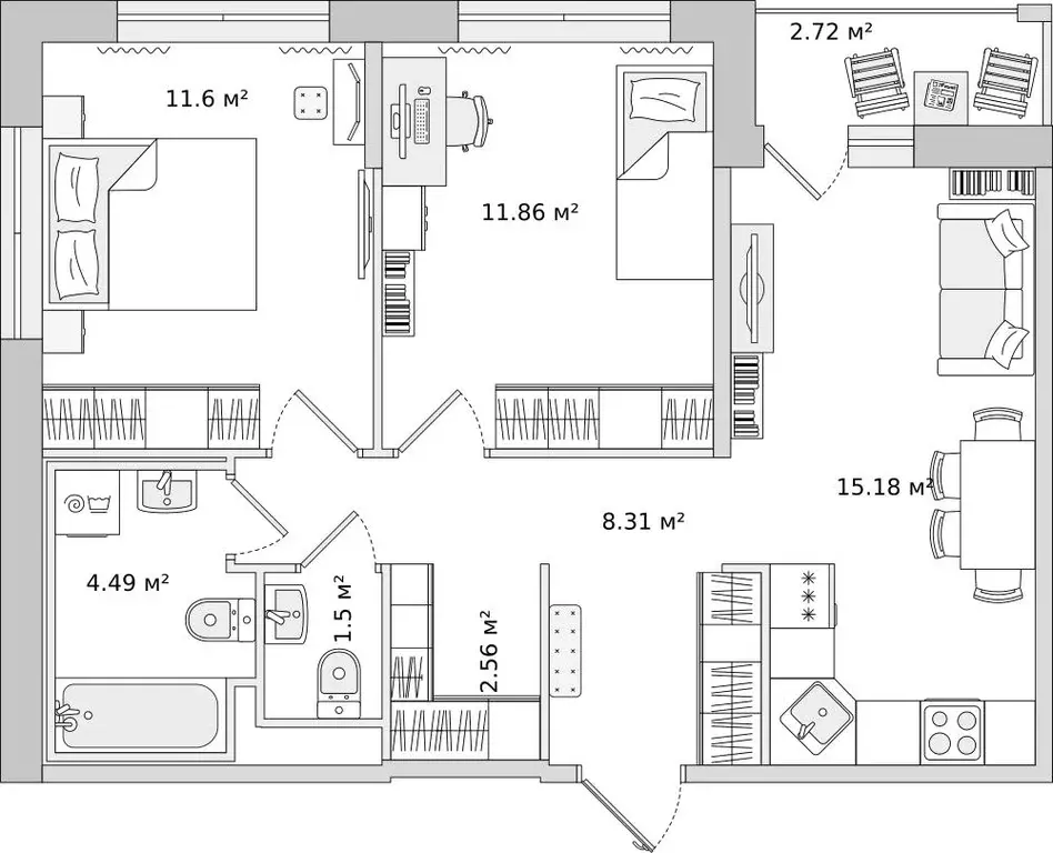 Квартира, 2 комнаты, 56 м - Фото 0