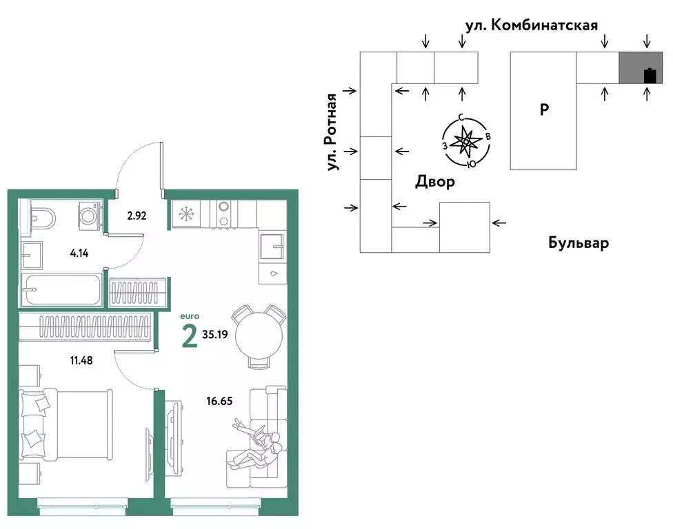2-комнатная квартира: Екатеринбург, Ленинский район (35.19 м) - Фото 1