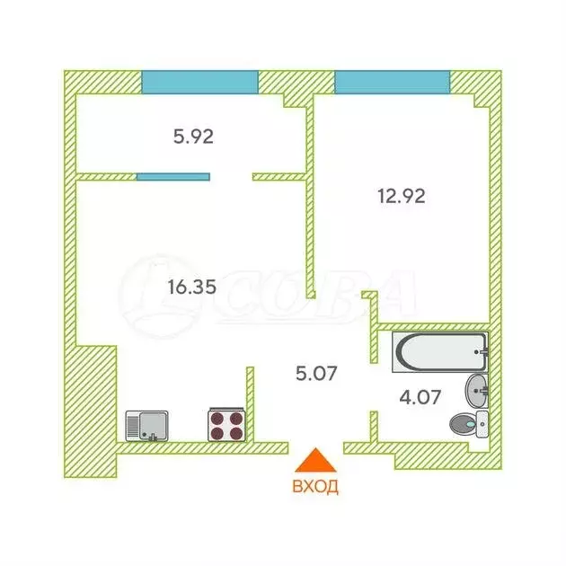 Квартира-студия: Тюмень, улица Пожарных и Спасателей, 1 (38 м) - Фото 1