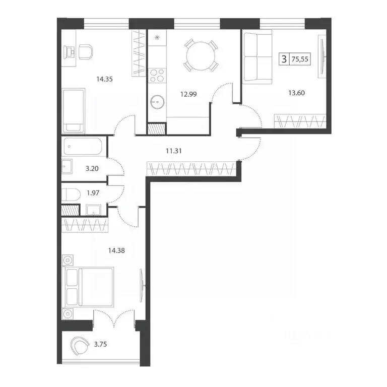 3-к кв. Тверская область, Тверь Южный мкр,  (75.55 м) - Фото 1