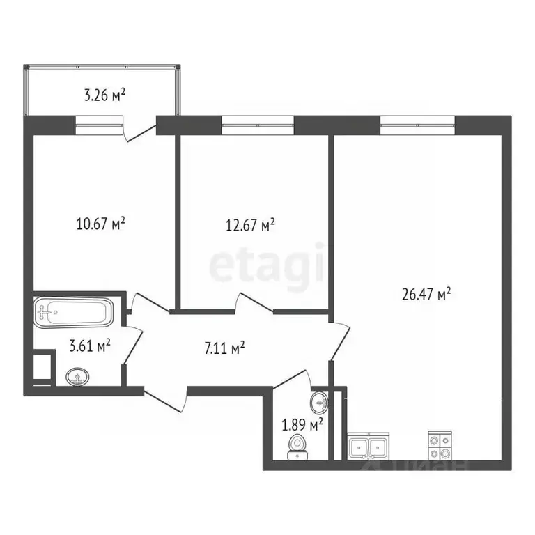 2-к кв. Ямало-Ненецкий АО, Новый Уренгой Таежная ул., 76А (62.42 м) - Фото 2