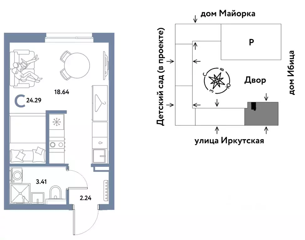 Студия Тюменская область, Тюмень ДОК мкр, ул. Ярославская (24.29 м) - Фото 0
