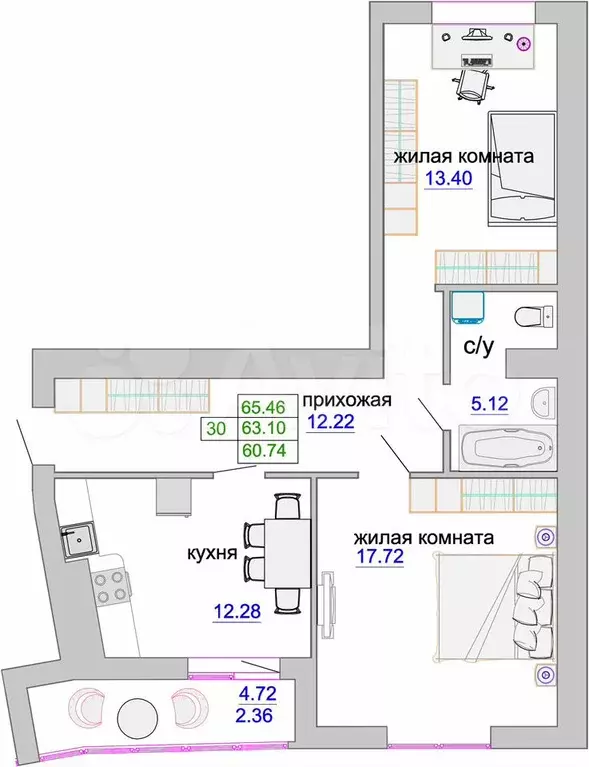 2-к. квартира, 63,5 м, 8/9 эт. - Фото 1