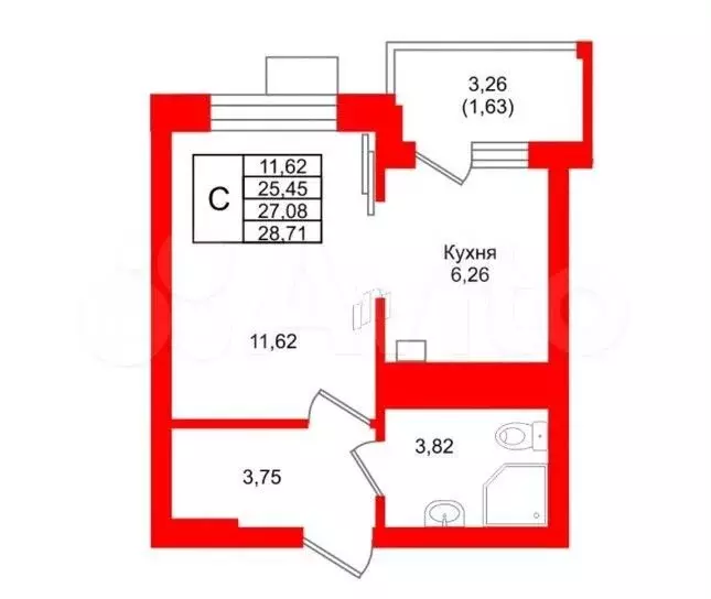 1-к. квартира, 28,7 м, 2/7 эт. - Фото 1