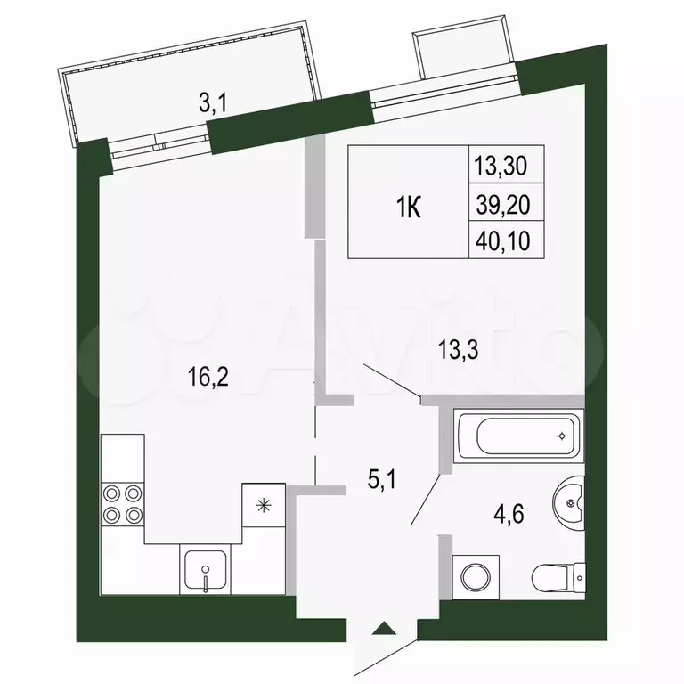 1-к. квартира, 40,1 м, 10/15 эт. - Фото 0
