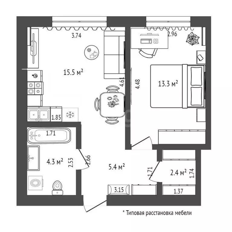 1-комнатная квартира: Тюмень, Новгородская улица, 22 (40.9 м) - Фото 1