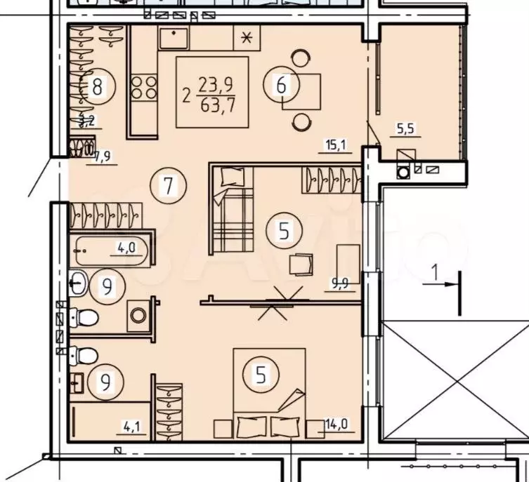 2-к. квартира, 63,7м, 2/4эт. - Фото 1