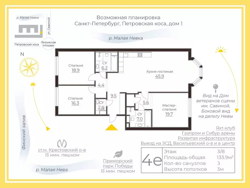 3-к кв. Санкт-Петербург проезд Петровская коса, 1к2 (138.7 м) - Фото 2