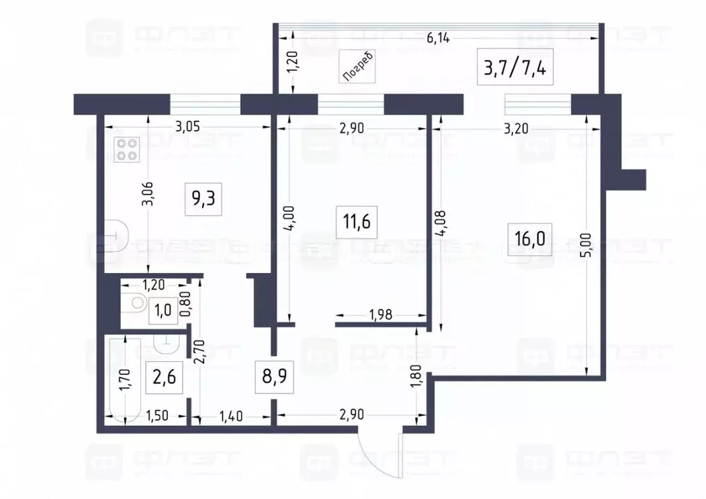 2-к кв. Татарстан, Казань ул. Юлиуса Фучика, 66 (53.1 м) - Фото 1