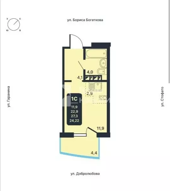 Квартира-студия: Новосибирск, улица Гаранина, 33 (27.2 м) - Фото 1