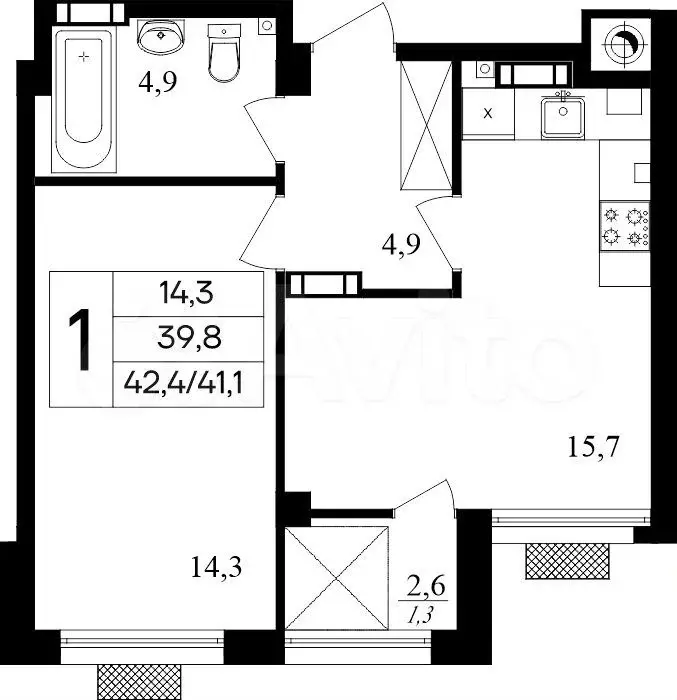 1-к. квартира, 42,4 м, 2/8 эт. - Фото 0