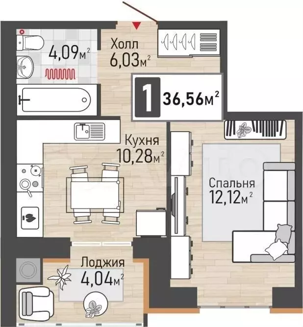 1-к. квартира, 36,6 м, 6/10 эт. - Фото 0