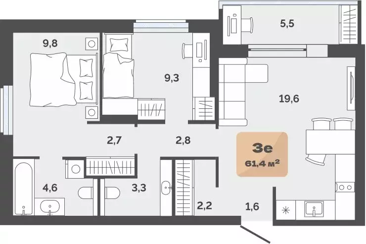 2-комнатная квартира: Тюмень, улица Республики, 204к17 (58.65 м) - Фото 1