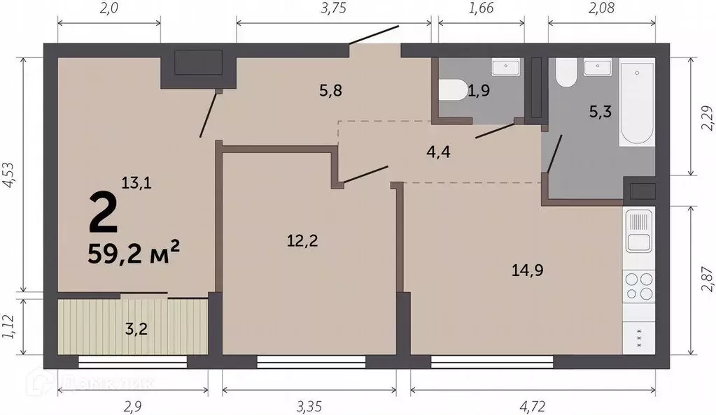 Продаётся 2-к квартира, 58.7 м - Фото 1