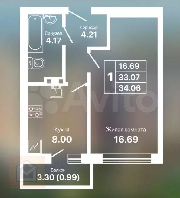 1-к. квартира, 34,1 м, 6/9 эт. - Фото 0
