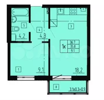 1-к. квартира, 36,7 м, 3/8 эт. - Фото 1