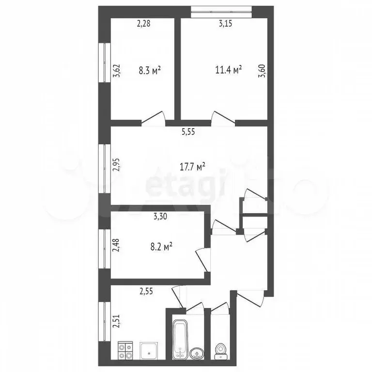 4-к. квартира, 59,5 м, 2/5 эт. - Фото 0