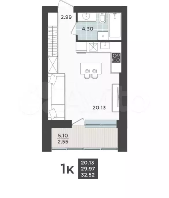 Квартира-студия, 32,5 м, 5/9 эт. - Фото 1