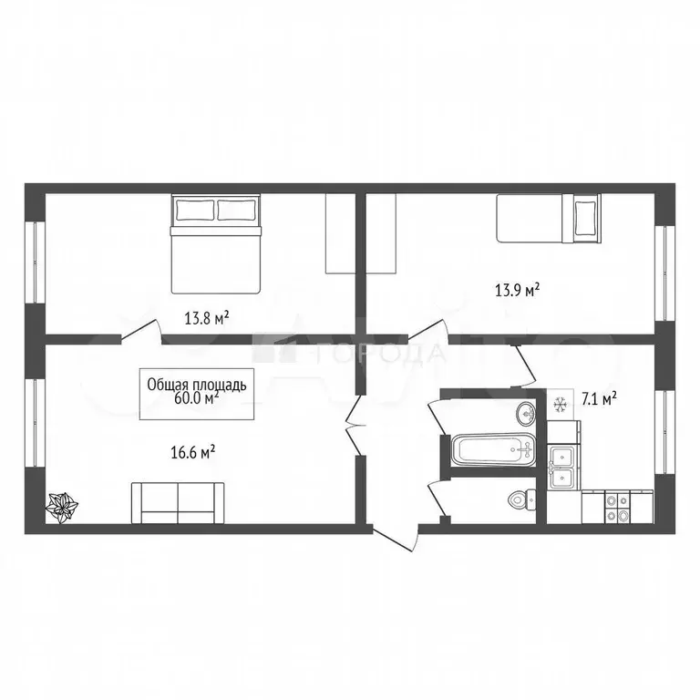 3-к. квартира, 60 м, 1/5 эт. - Фото 0