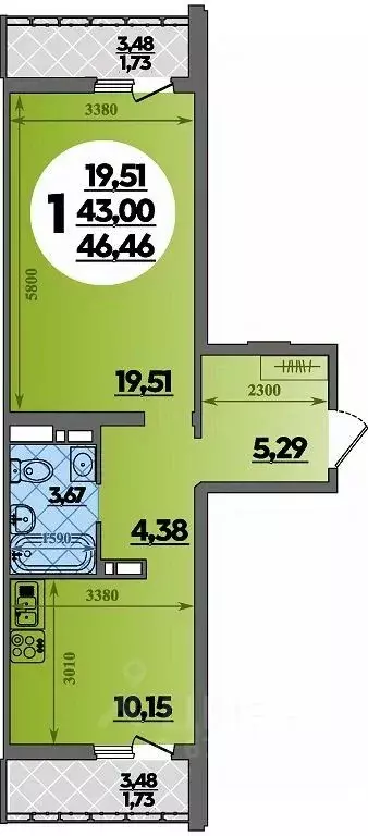 1-к кв. Адыгея, Майкоп  (46.46 м) - Фото 1