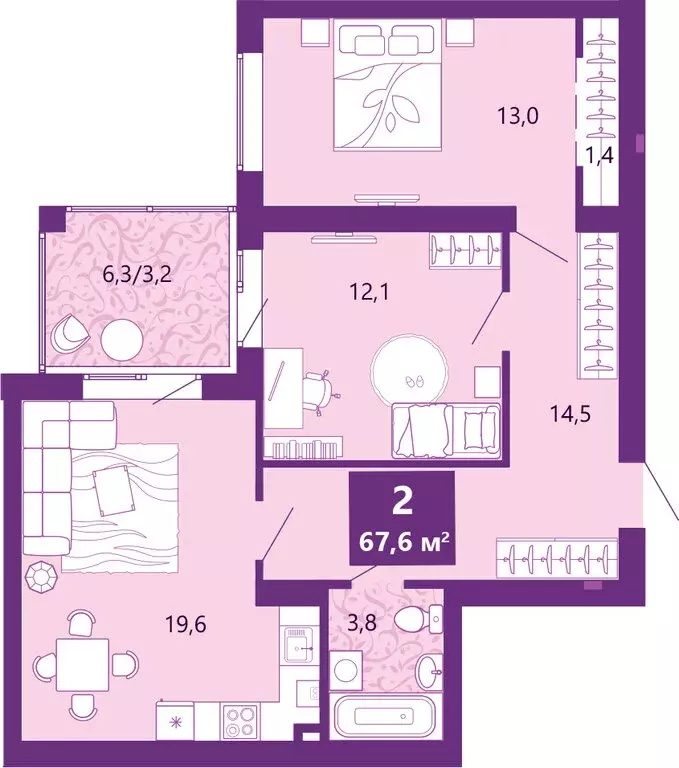 2-комнатная квартира: Калининград, Байкальская улица, 1к5 (68 м) - Фото 2