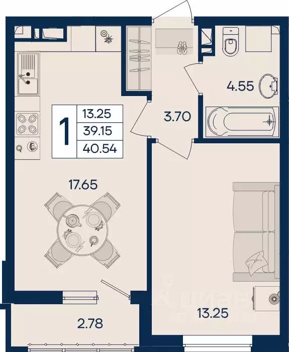 1-к кв. Краснодарский край, Краснодар  (40.54 м) - Фото 1