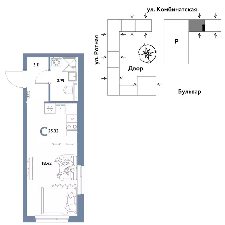 1-комнатная квартира: Екатеринбург, Ленинский район (25.32 м) - Фото 1