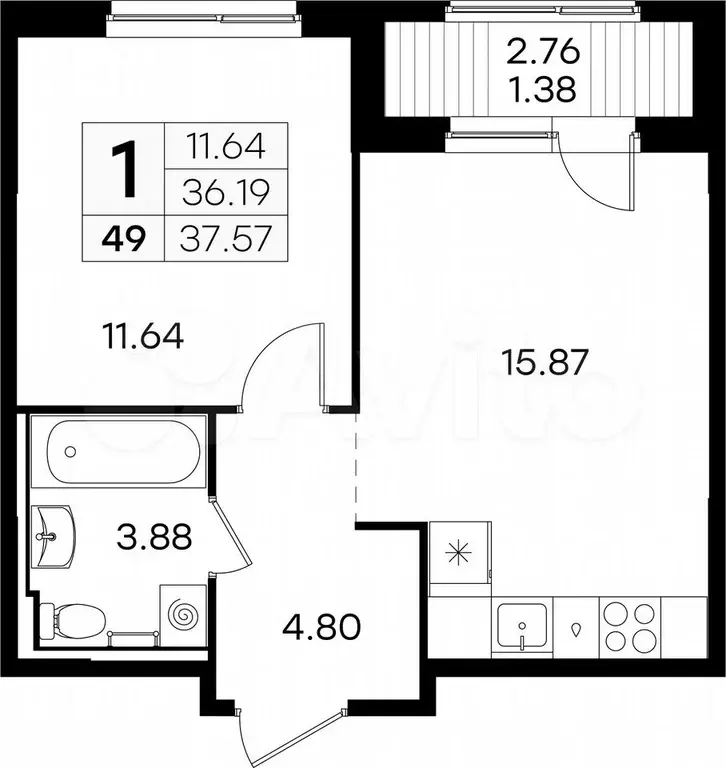 1-к. квартира, 37,6 м, 5/9 эт. - Фото 0