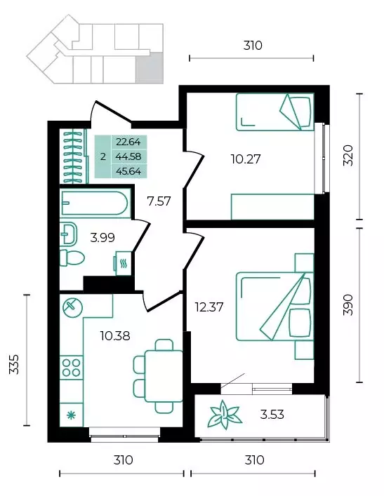 2-комнатная квартира: Майкопский район, посёлок Тульский (45.64 м) - Фото 1
