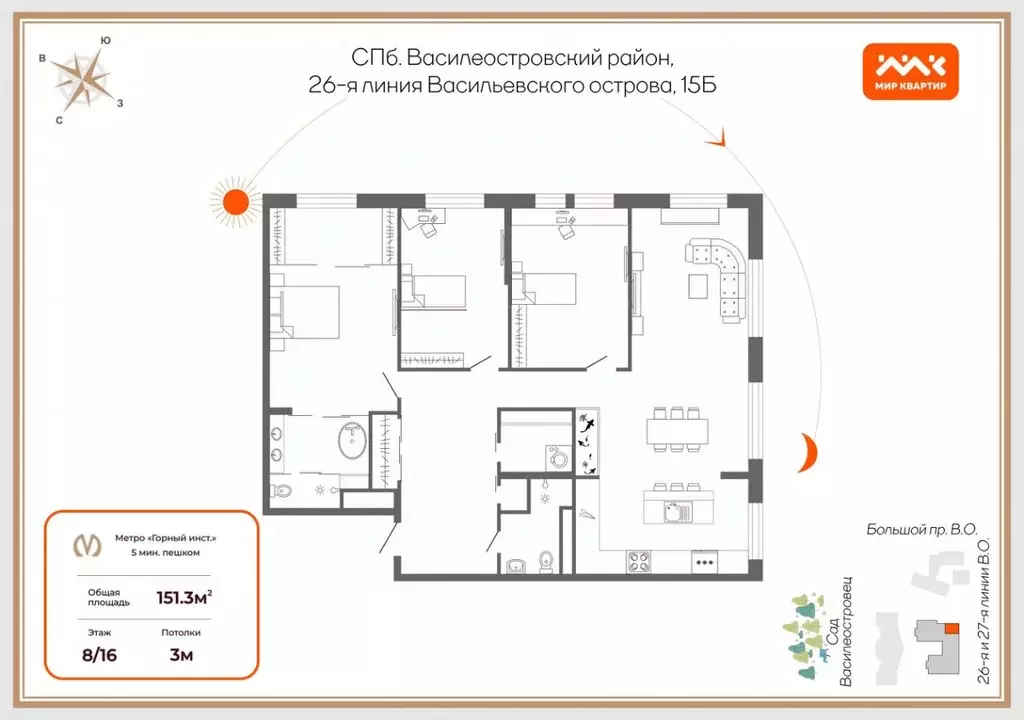 3-к кв. Санкт-Петербург 26-я Васильевского острова линия, 15Б (151.5 ... - Фото 1