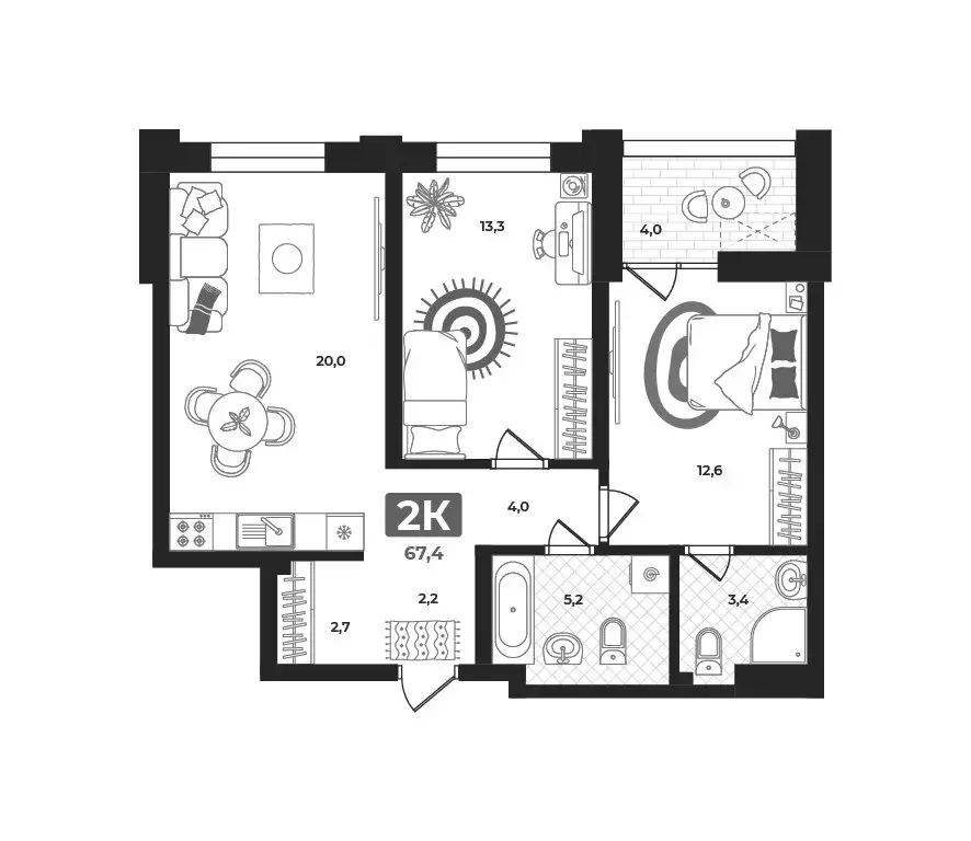 2-комнатная квартира: Тюмень, улица Братьев Бондаревых, 5 (68.1 м) - Фото 1